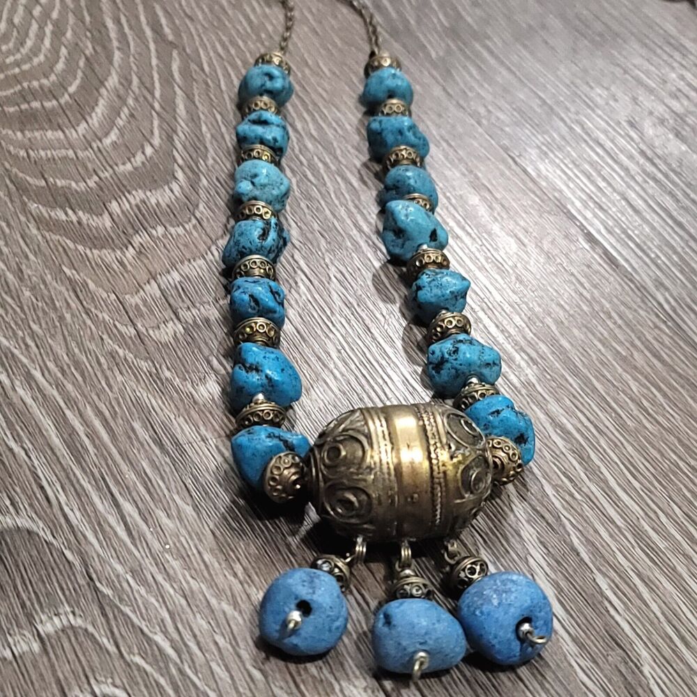 Antique Ethnic Moroccan Chunky Turquoise Nugget And Metal Beaded Necklace